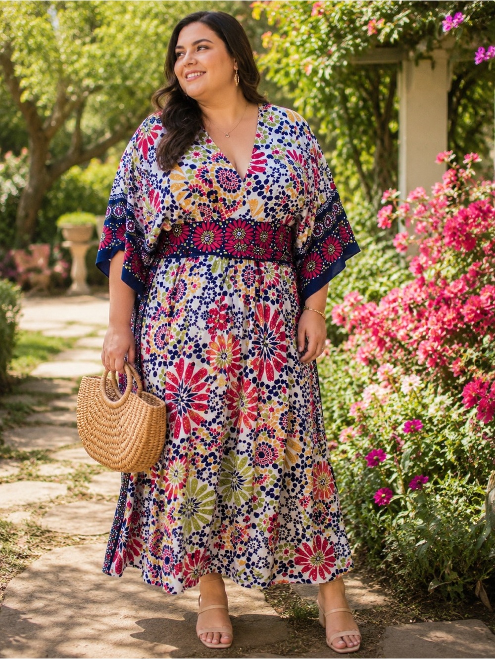 Wayward fancies Floral V-Neck Maxi Dress with Kimono Sleeves in Multicolor